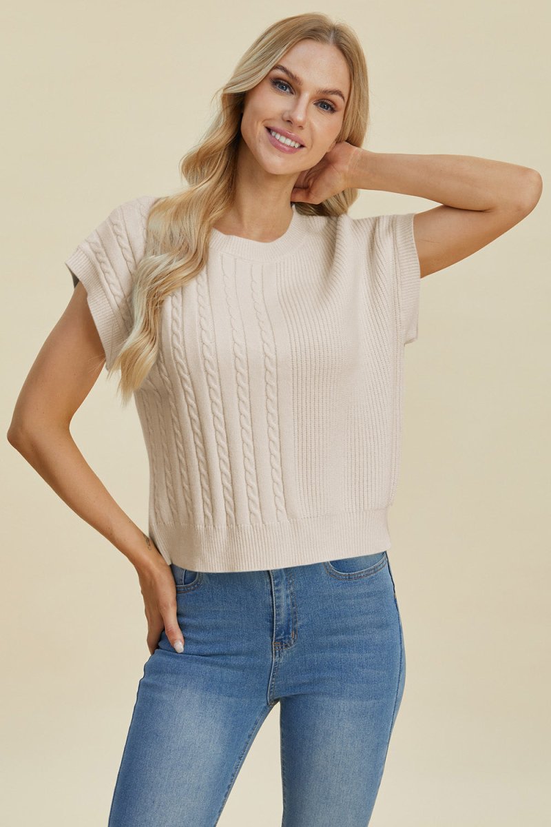 Cable - Knit Round Neck Short Sleeve Sweater