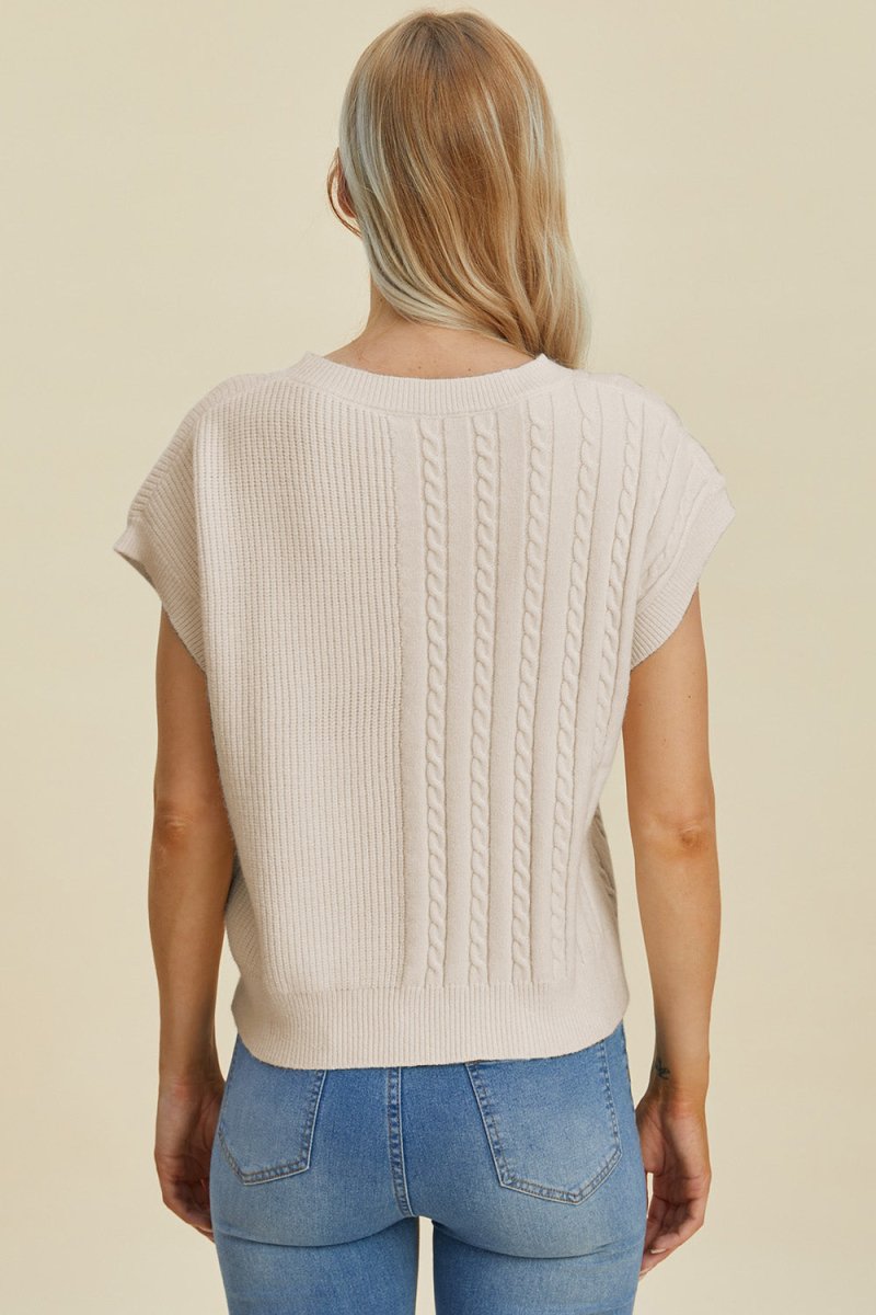 Cable - Knit Round Neck Short Sleeve Sweater