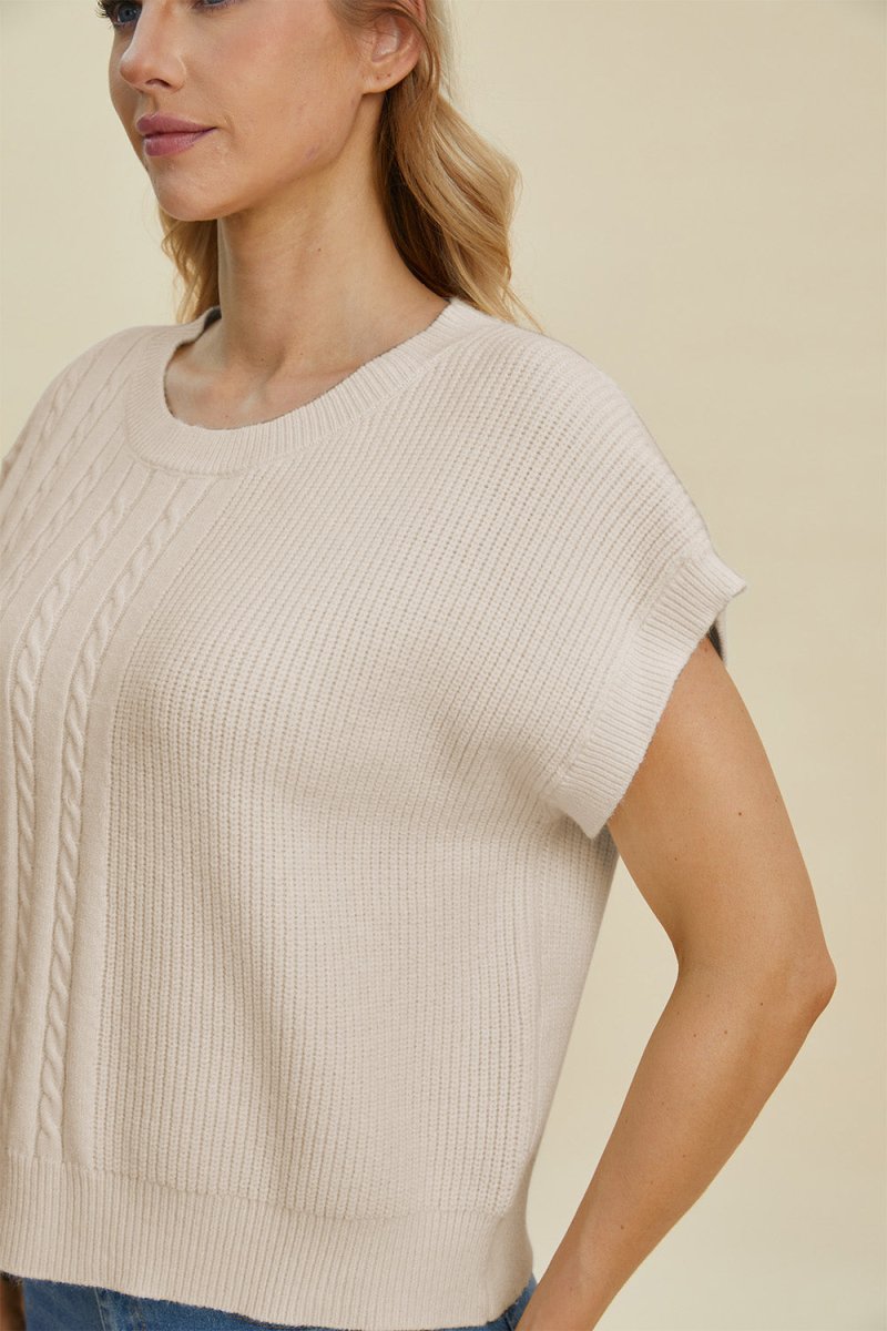 Cable - Knit Round Neck Short Sleeve Sweater