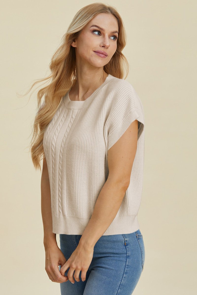 Cable - Knit Round Neck Short Sleeve Sweater