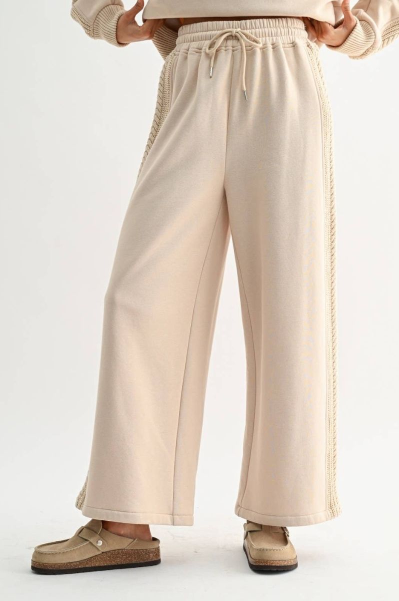 Cable Knit Trim Beige Pants