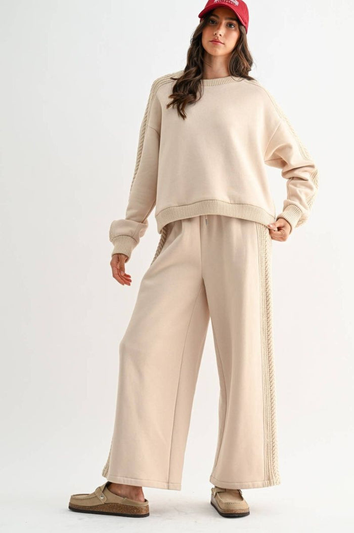 Cable Knit Trim Beige Pants
