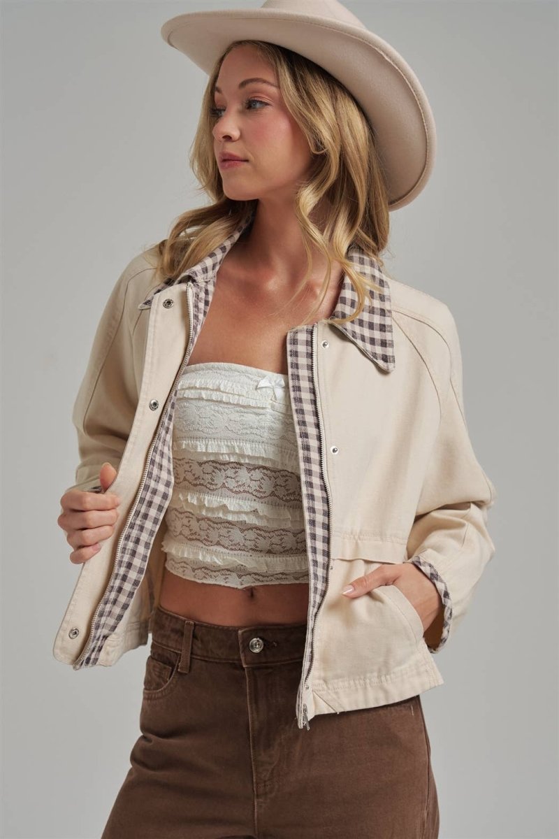 Canvas Twill Gingham Jacket - Oatmeal/Brown
