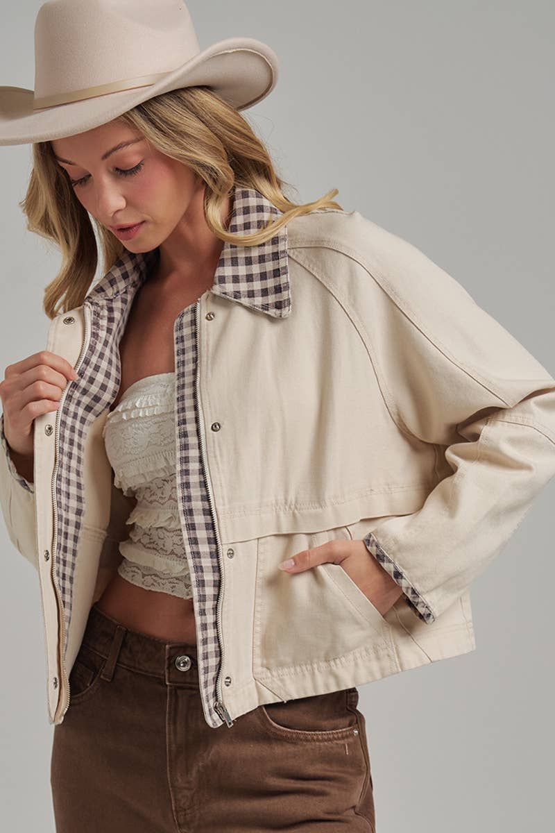 Canvas Twill Gingham Jacket - Oatmeal/Brown