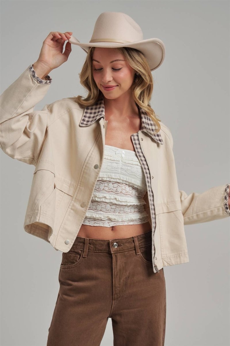 Canvas Twill Gingham Jacket - Oatmeal/Brown