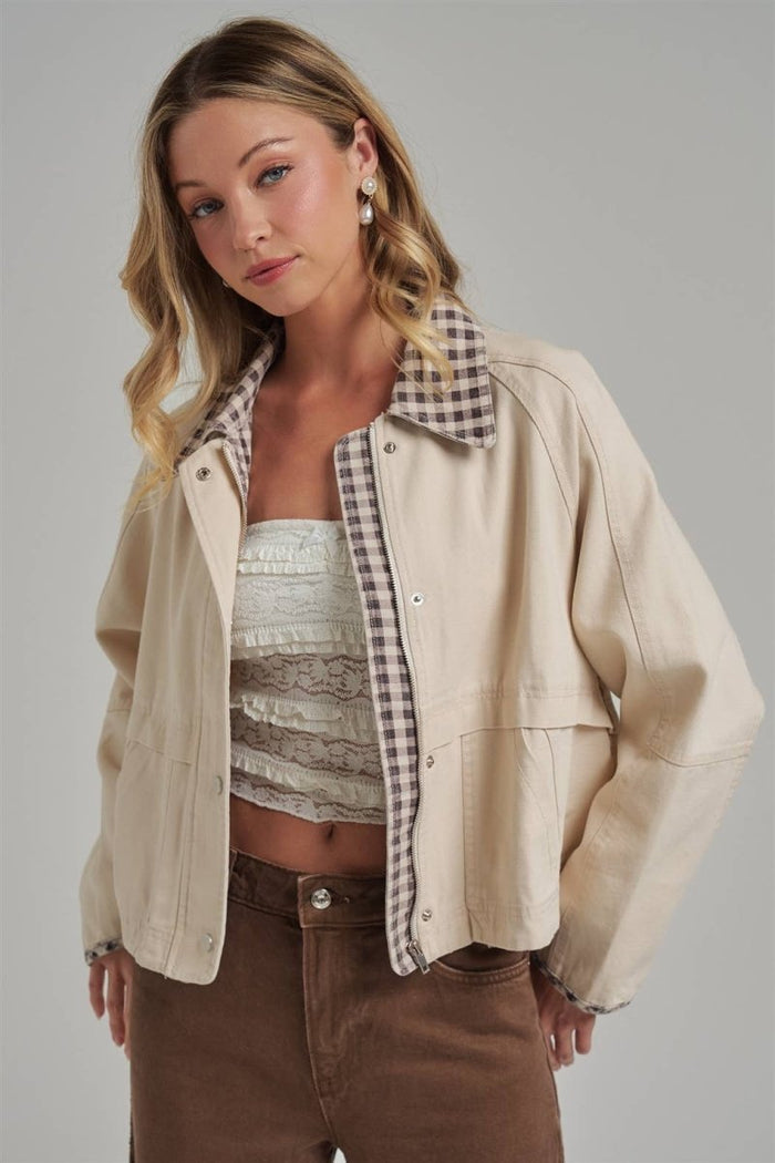 Canvas Twill Gingham Jacket - Oatmeal/Brown