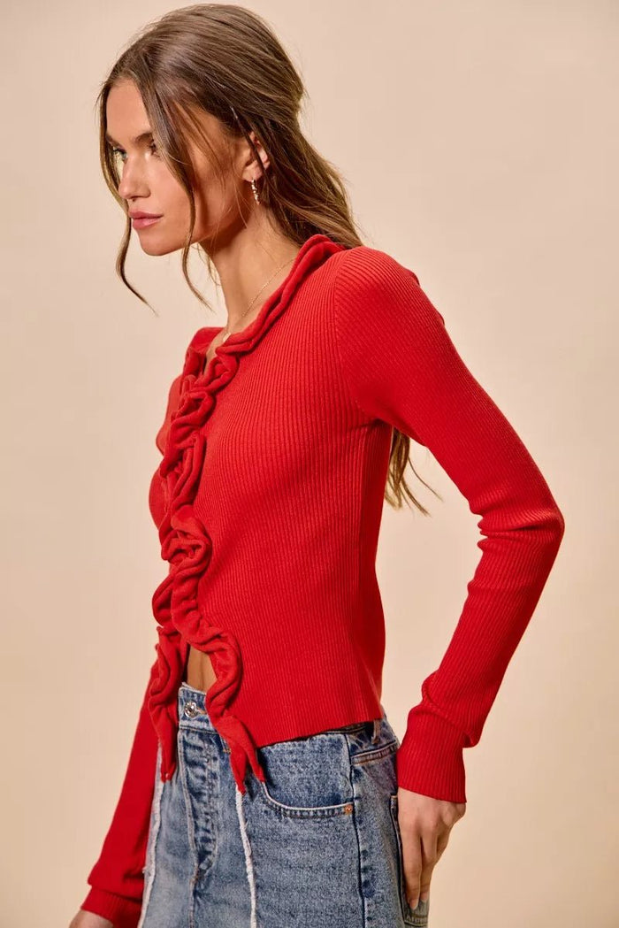 Cascade Ruffle Ribbed Sweater Cardigan