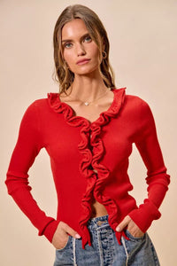 Cascade Ruffle Ribbed Sweater Cardigan