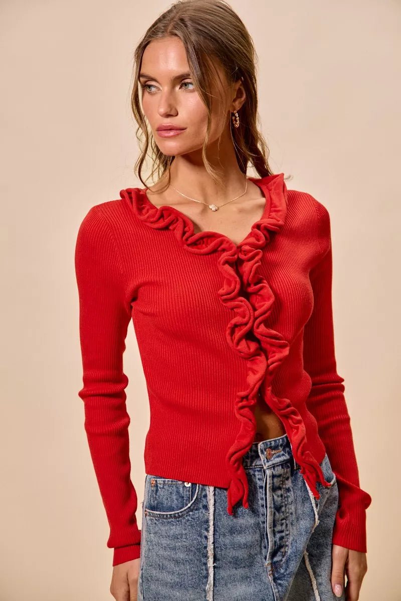 Cascade Ruffle Ribbed Sweater Cardigan