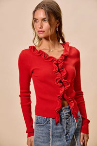 Cascade Ruffle Ribbed Sweater Cardigan