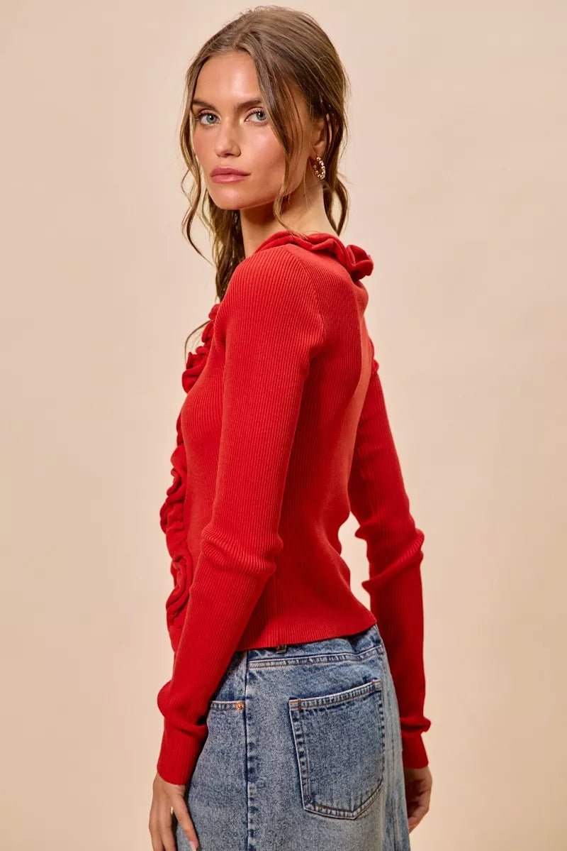 Cascade Ruffle Ribbed Sweater Cardigan