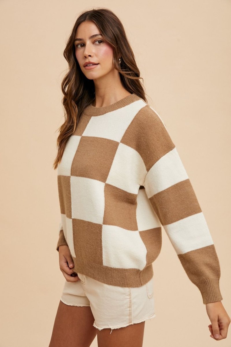 Checkered Round Neck Dropped Shoulder SweaterMinnie's Treasure Boutique