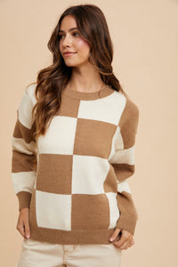 Checkered Round Neck Dropped Shoulder SweaterMinnie's Treasure Boutique