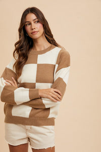 Checkered Round Neck Dropped Shoulder SweaterMinnie's Treasure Boutique