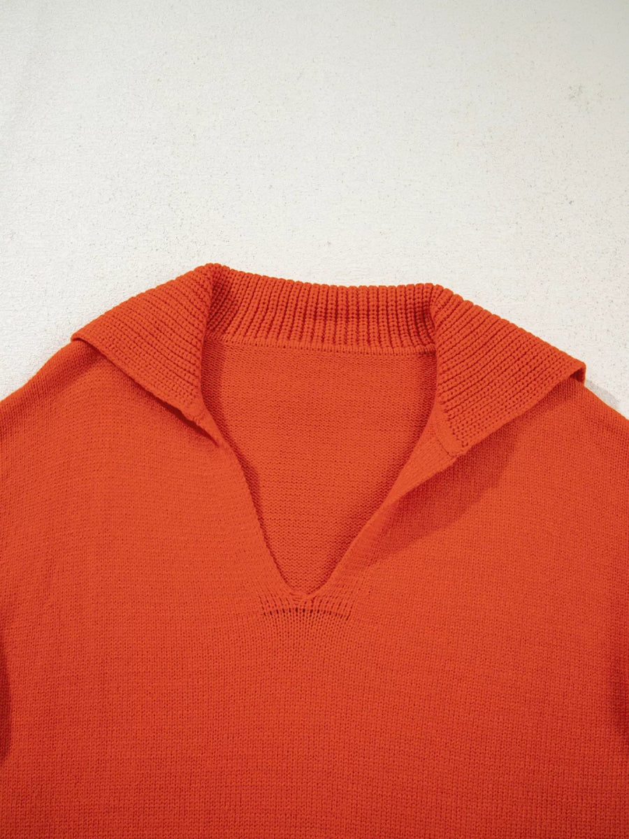 Collared V Neck Ribbed Edge Sweater - Three Colors