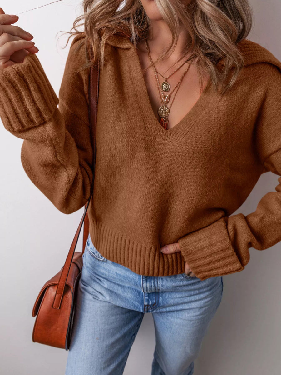 Collared V Neck Ribbed Edge Sweater - Three Colors