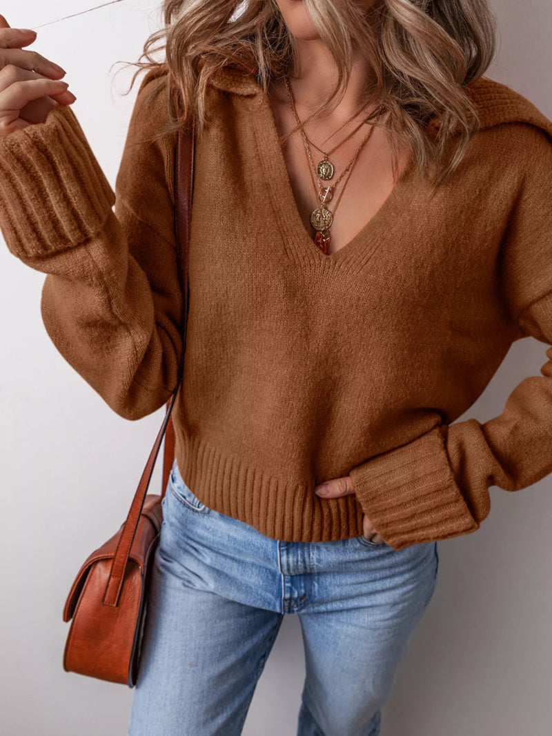 Collared V Neck Ribbed Edge Sweater - Three Colors
