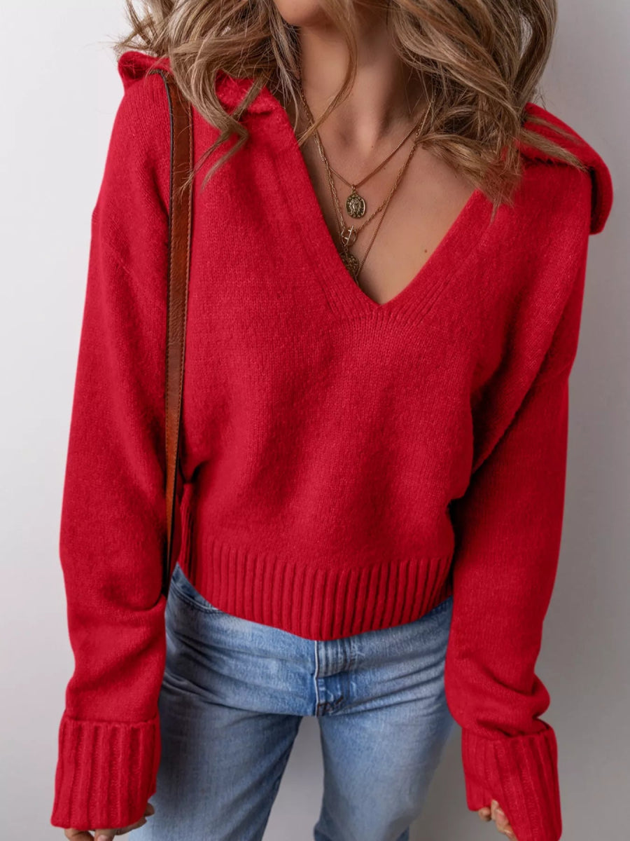 Collared V Neck Ribbed Edge Sweater - Three Colors