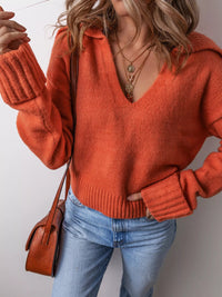 Collared V Neck Ribbed Edge Sweater - Three Colors