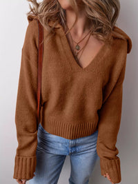 Collared V Neck Ribbed Edge Sweater - Three Colors