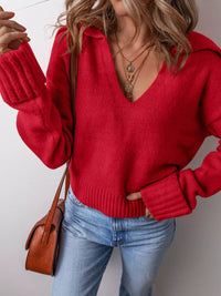 Collared V Neck Ribbed Edge Sweater - Three Colors