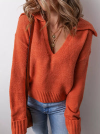 Collared V Neck Ribbed Edge Sweater - Three Colors