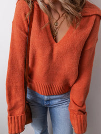 Collared V Neck Ribbed Edge Sweater - Three Colors