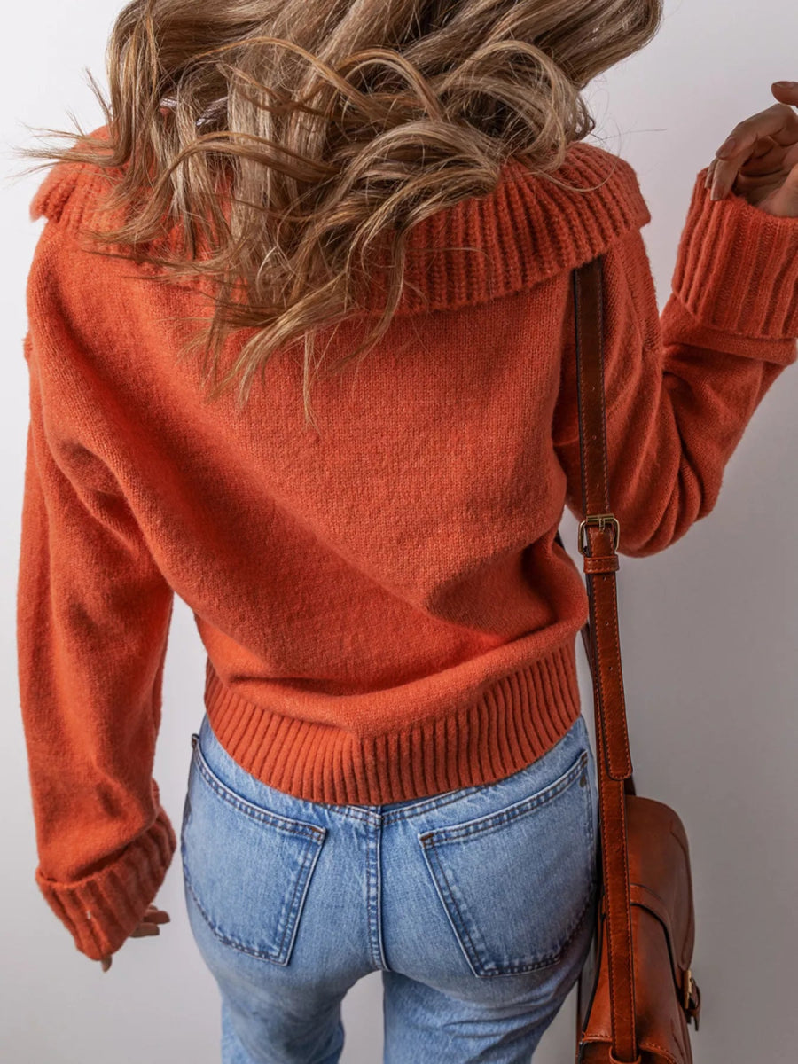 Collared V Neck Ribbed Edge Sweater - Three Colors