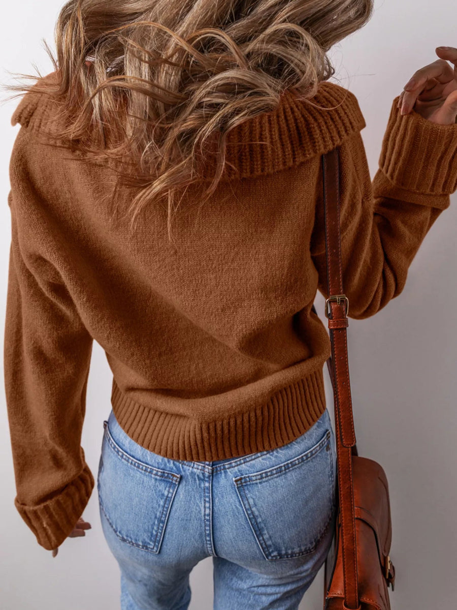 Collared V Neck Ribbed Edge Sweater - Three Colors