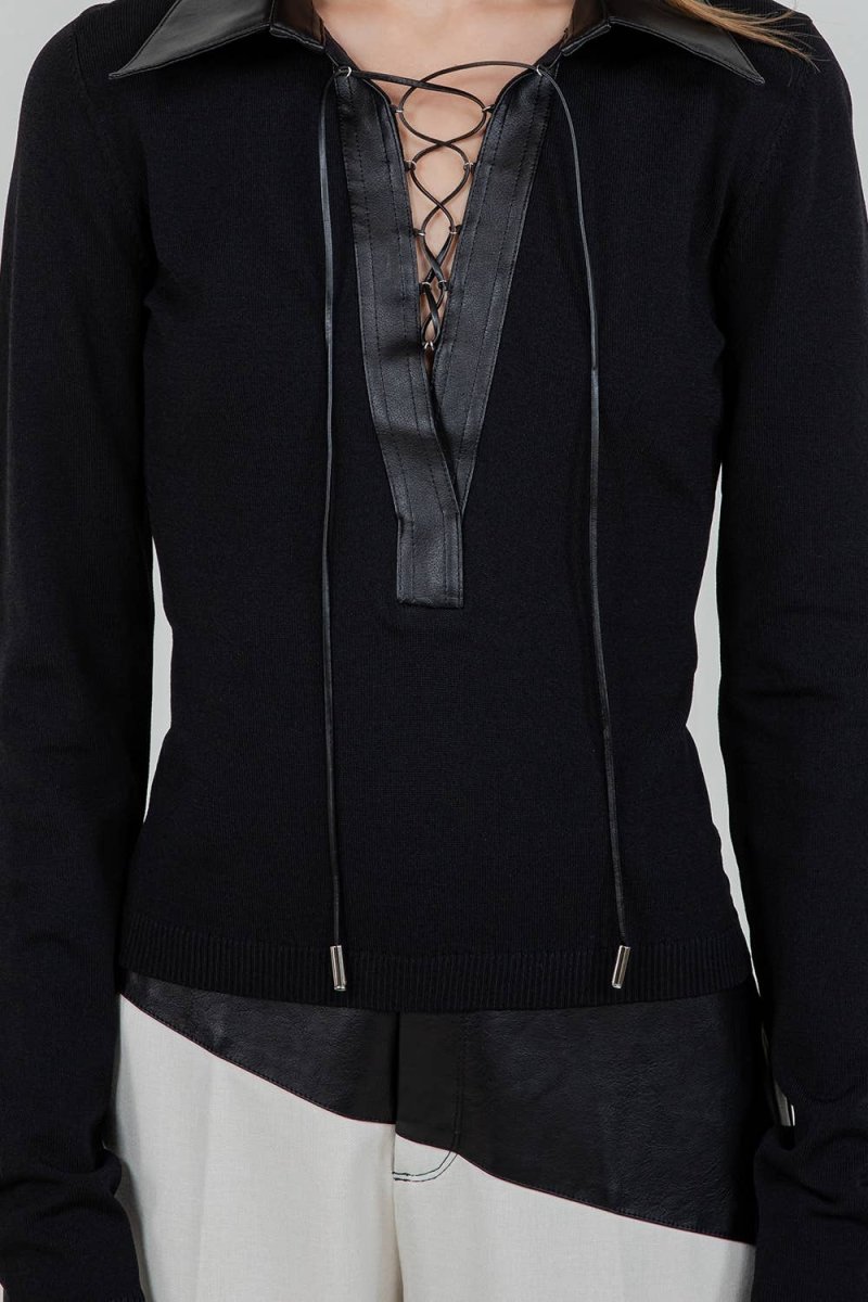 Contrast Faux Leather Collared Knit Top