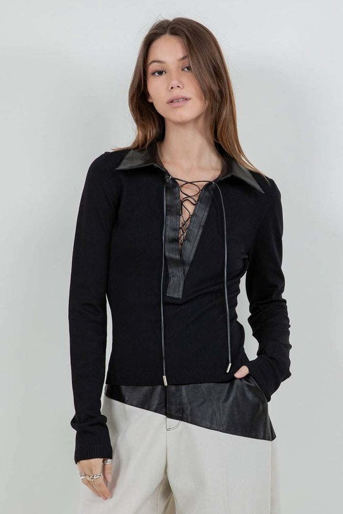 Contrast Faux Leather Collared Knit Top