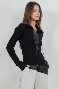 Contrast Faux Leather Collared Knit Top