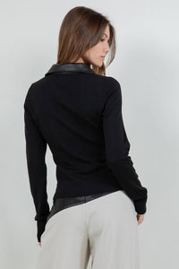 Contrast Faux Leather Collared Knit Top