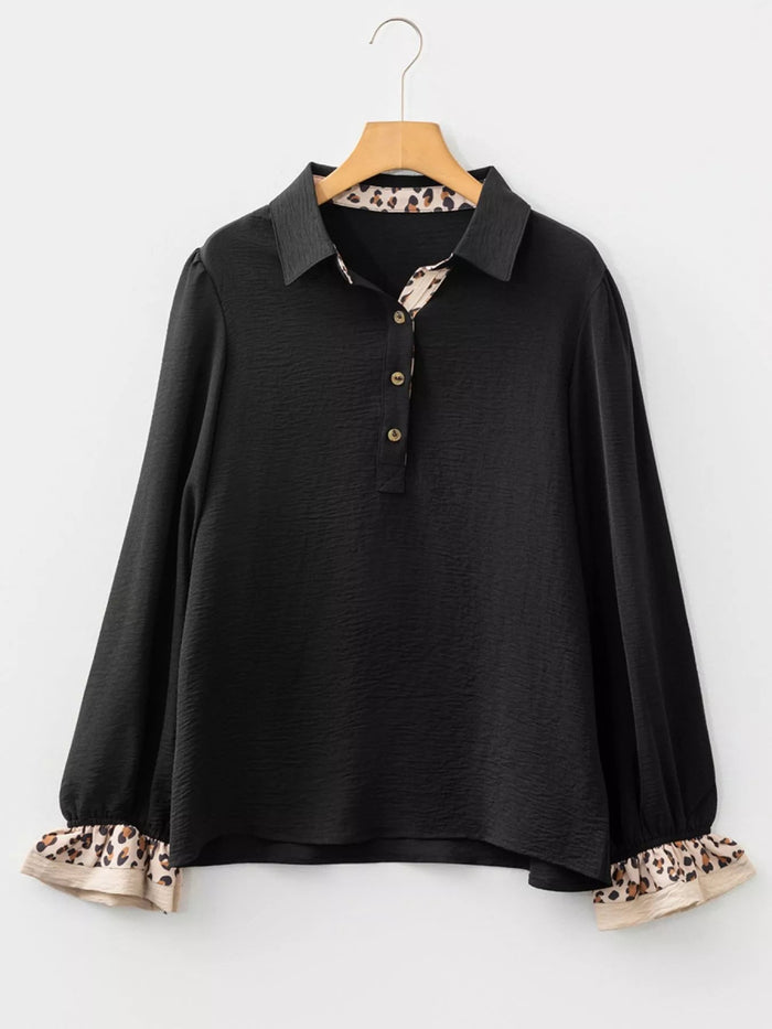 Contrast Leopard Print Button Front Blouse
