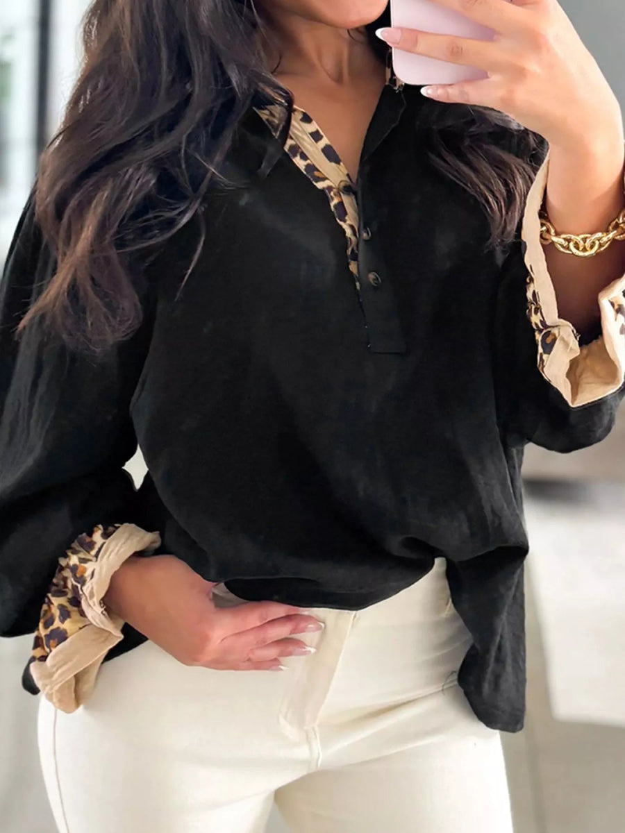 Contrast Leopard Print Button Front Blouse
