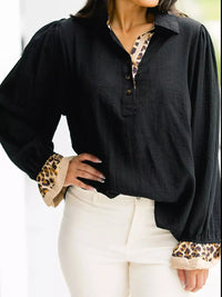 Contrast Leopard Print Button Front Blouse