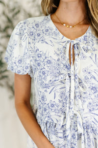 Dainty Lil' Thing Balloon Sleeve Blouse in Ivory/Blue - Minnie's Treasure Boutique