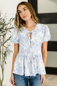 Dainty Lil' Thing Balloon Sleeve Blouse in Ivory/Blue - Minnie's Treasure Boutique