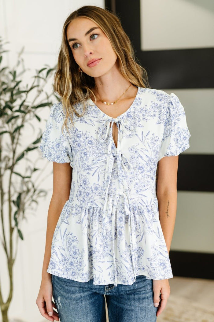 Dainty Lil' Thing Balloon Sleeve Blouse in Ivory/Blue - Minnie's Treasure Boutique