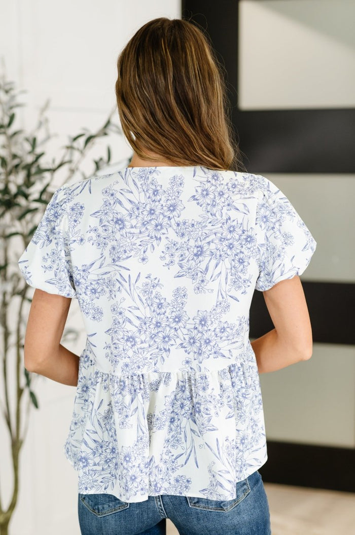 Dainty Lil' Thing Balloon Sleeve Blouse in Ivory/Blue - Minnie's Treasure Boutique