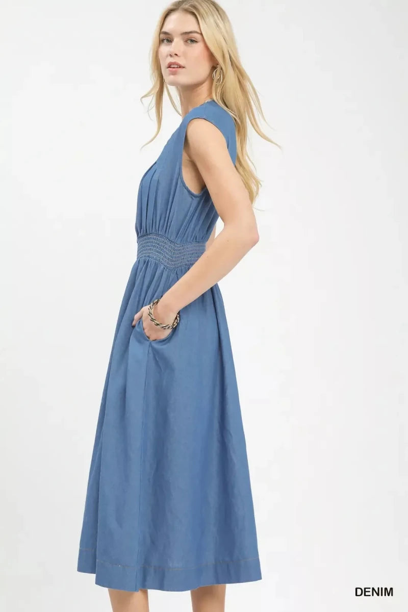 Denim Sleeveless Zip - Front Smocked Waist Midi Dress
