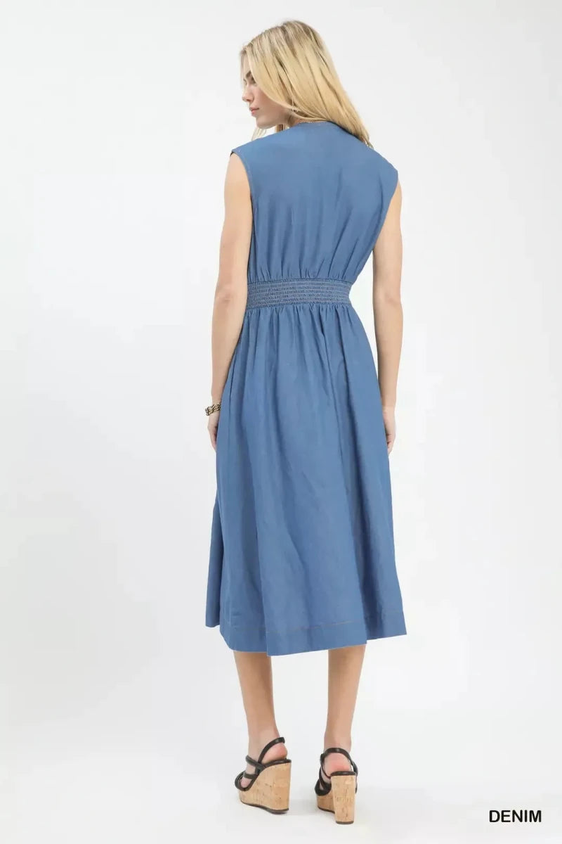 Denim Sleeveless Zip - Front Smocked Waist Midi Dress