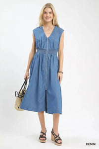 Denim Sleeveless Zip - Front Smocked Waist Midi Dress