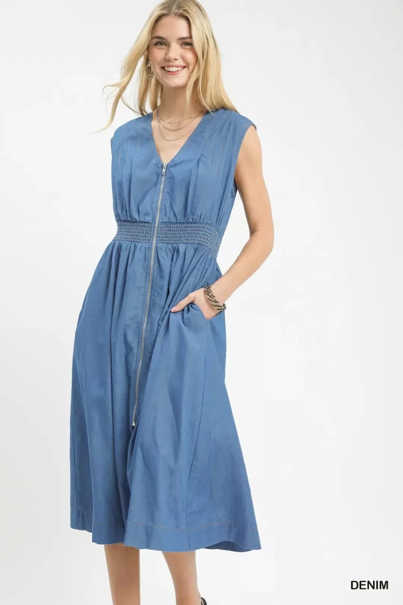 Denim Sleeveless Zip - Front Smocked Waist Midi Dress