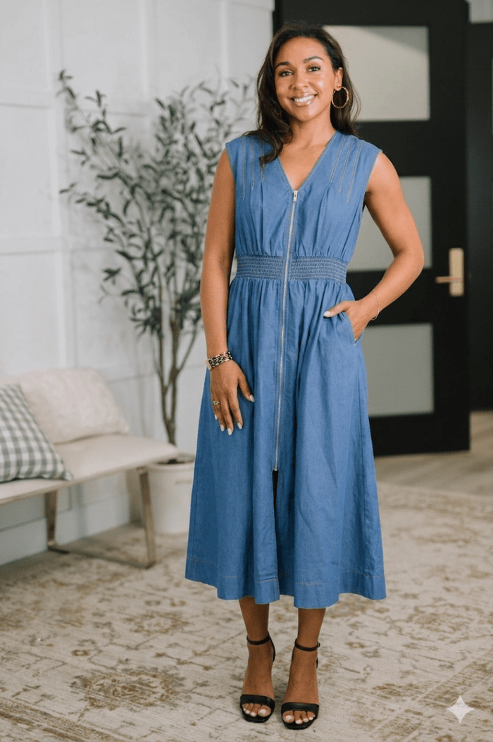 Denim Sleeveless Zip - Front Smocked Waist Midi Dress