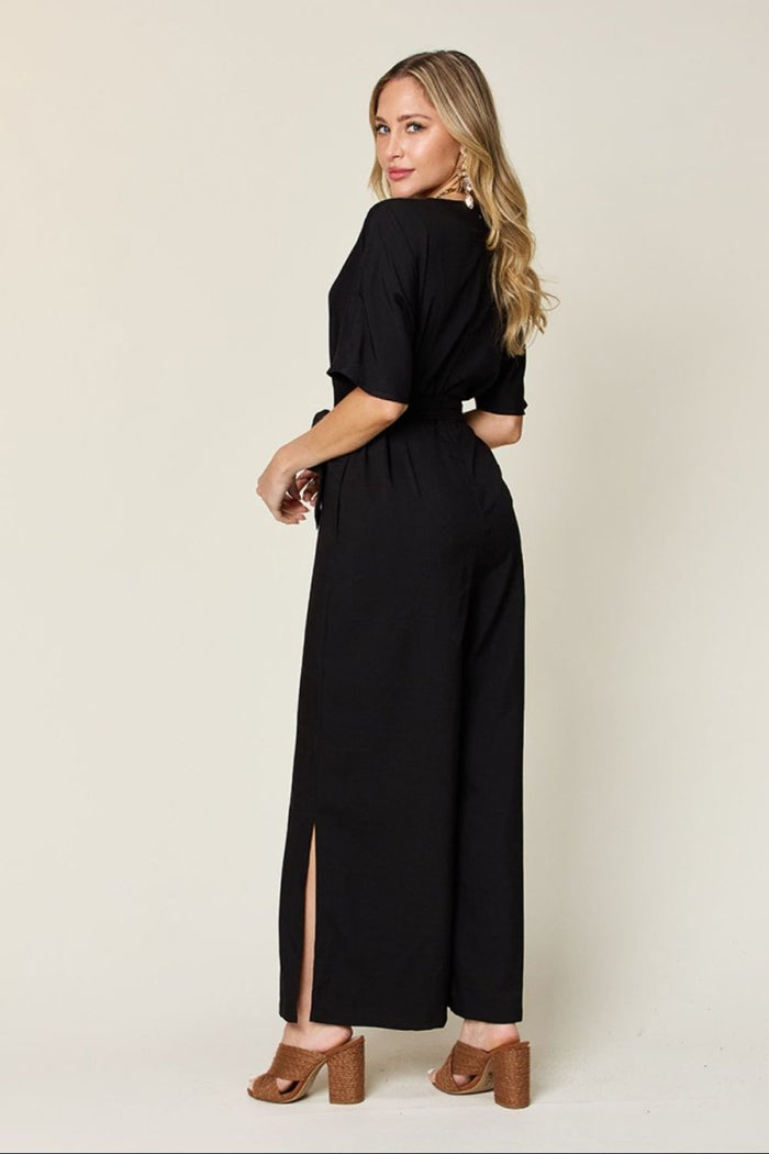 Double Take V - Neck Tie Front Short Sleeve Slit Jumpsuit