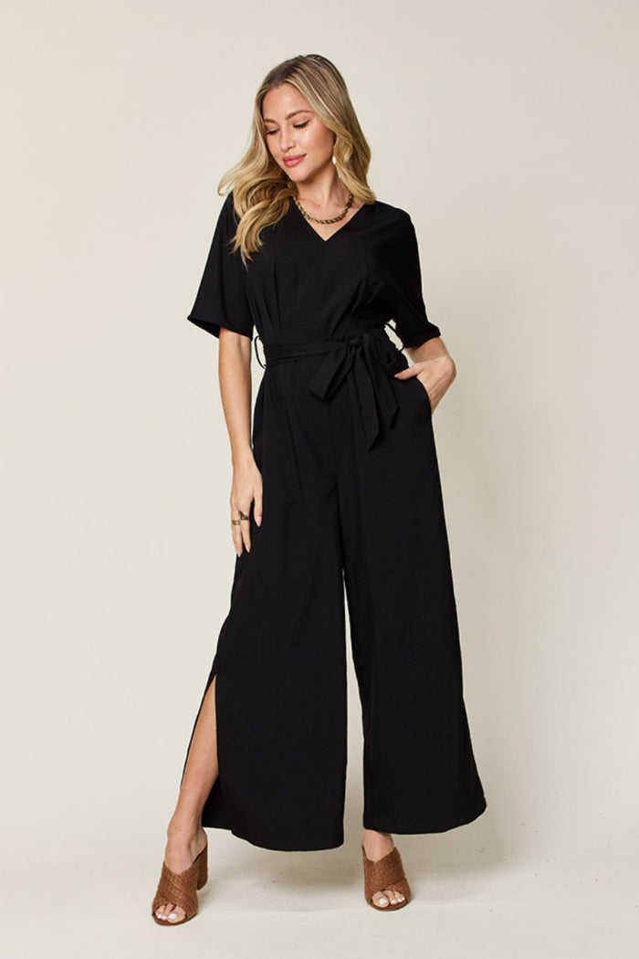 Double Take V - Neck Tie Front Short Sleeve Slit Jumpsuit