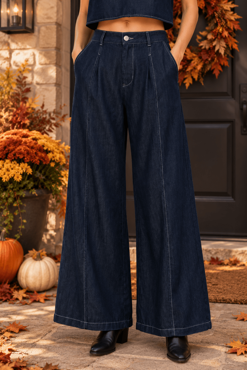 Elastic Waist Wide Leg Denim Pants