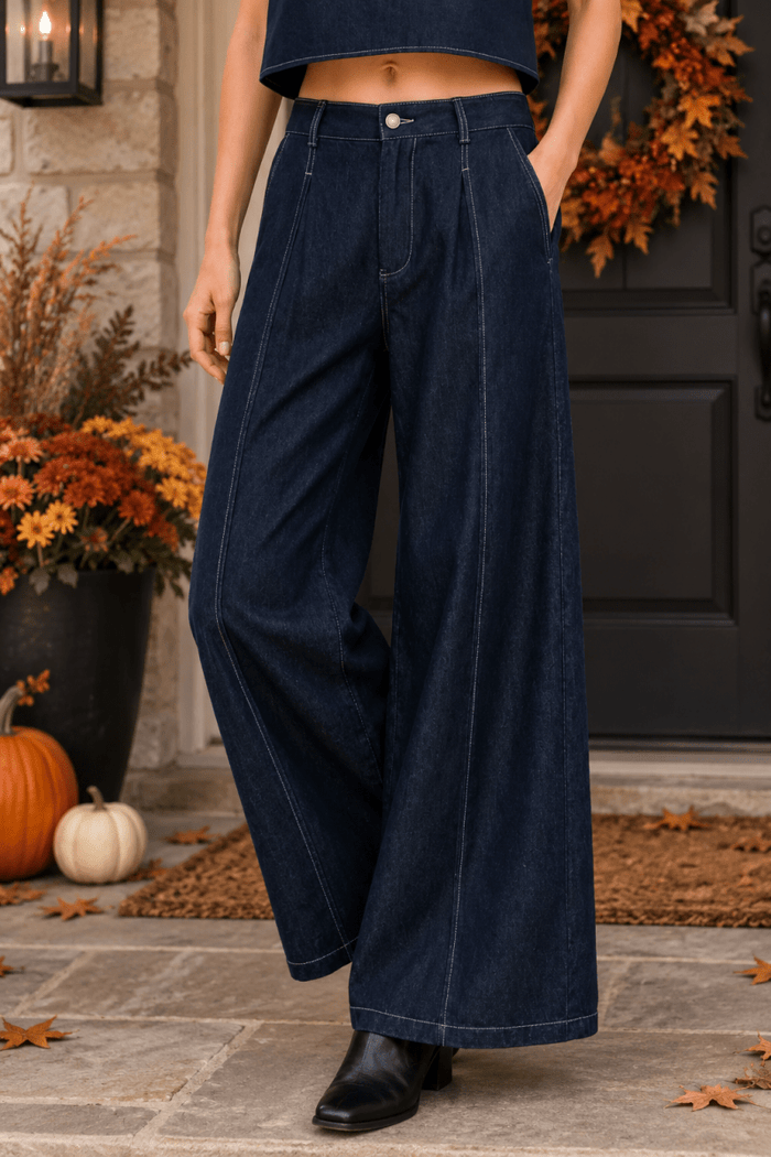 Elastic Waist Wide Leg Denim Pants