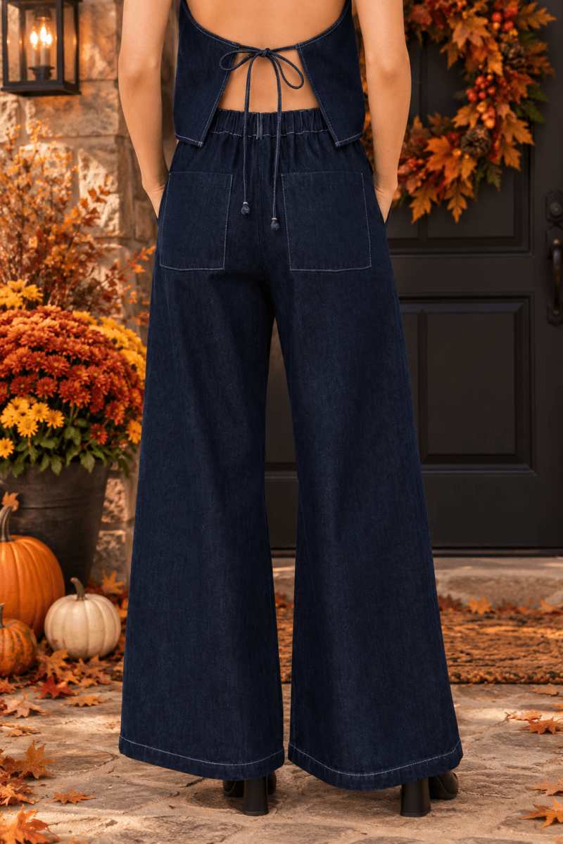 Elastic Waist Wide Leg Denim Pants